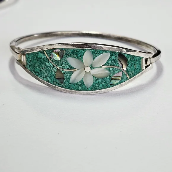 Vintage 3 Crushed Turquoise & Abalone Alpaca Silver Bracelets! - Picture 4 of 10